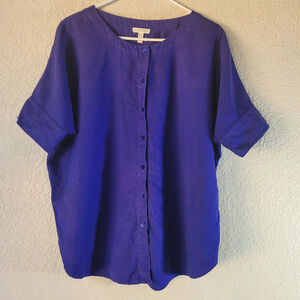 NWOT Eileen Fisher Women's Button Down Shirt Tencel Royal blue Medium Round Hem
